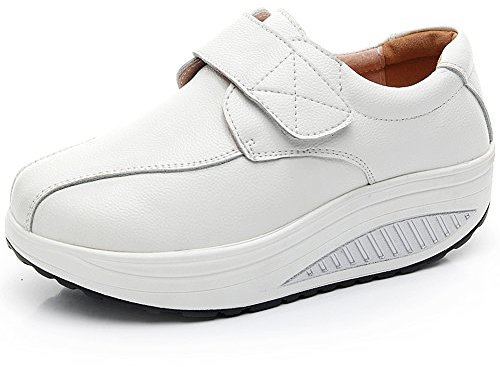 rismart Mujer Cuña Bucle Cómodo Linda Cuero Zapatillas Zapatos SN8787(Blanco,EU38)