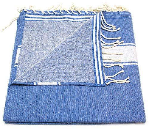 ANNA ANIQ Fouta Hamamtuch mit Frottee (eine Seite) - XXL Extra Groß 100x180 cm Strandtuch Saunatuch - 100% Baumwolle, Bade-Tuch, Picknick-Decke, Yoga, Pestemal, Strand-Handtuch (Blau)