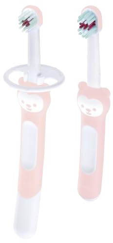 MAM Baby's Brush | 2 Pack | Toothbrush with Safety Shield | 6+ Months | For Teaching Dental Hygiene to Babies | Extra Soft Bristles | Ergonomic and Non-Slip | Pink