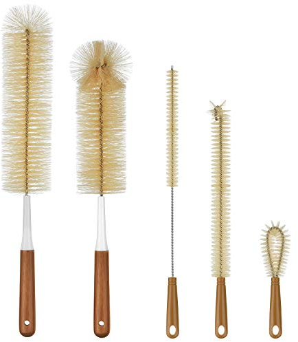 ALINK 5-Pack Bottle Brush Cleaner - Long Bamboo Handle Water Bottle Straw Cleaning Brush for Washing Narrow Neck Beer Wine Decanter, Sports Bottle, Thermos, Flask