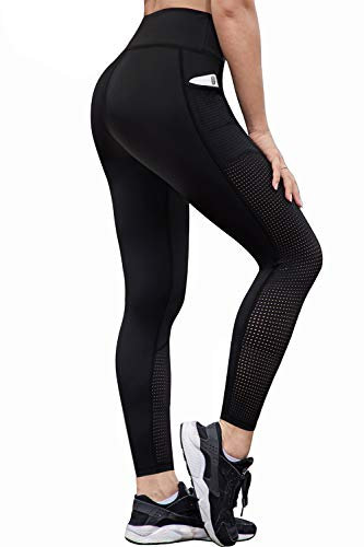 RAYPOSE Sport Leggings Damen High Waist Mesh Lang Sporthose Blickdicht Yoga Hosen mit Tasche（Schwarz,L）