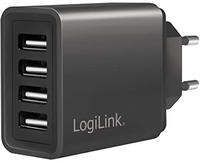 LogiLink PA0211 Fast Charging - USB Steckdosenadapter (4x USB-A, 24W) für Smartphones/Tablets/MP3-MP4 Player/eBooks/Navi/etc. mit Überlade-, Tiefentlade-, Überlast- und Kurzschlussschutz, schwarz