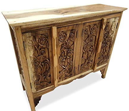 Kinaree Massivholz Schrank SIAM II - 80x96cm Kommode aus Akazie mit Rosen Schnitzerei (Natur)