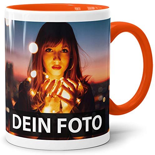 PR Print Royal Foto-Tasse zum selbst gestalten mit Foto und Text/mit individuellen Druck in Profiqualität/Personalisierte Geschenk-Idee mit Bild/Orange