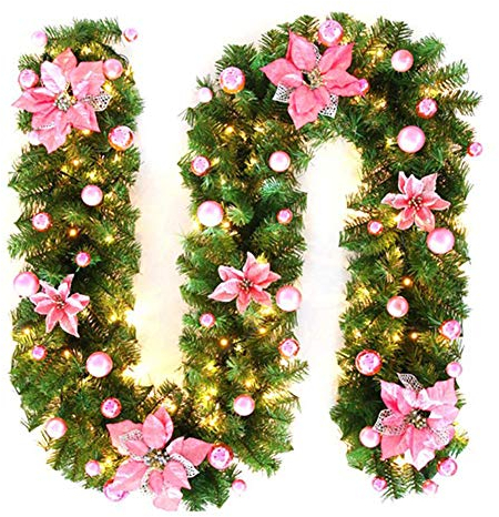 Weihnachtsgirlande Mit Beleuchtung Außen Batterie, Weihnachten Mit Led Weihnachtskranz Künstlich Tannengirlande Weihnachtsdeko Fenster Haustür Garten Balkon 2.7M (rosa)