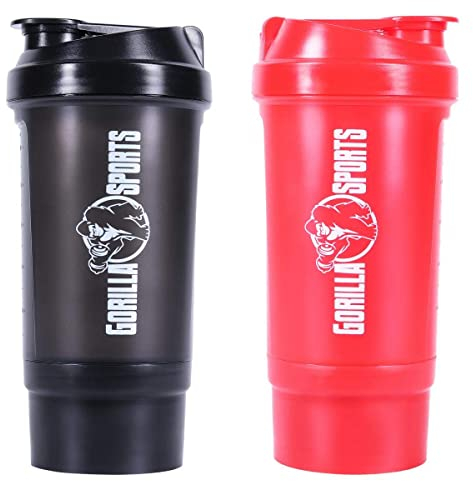 Gorilla Sports Shaker de 500 ML avec Compartiment à Poudre - Noir ou Rouge