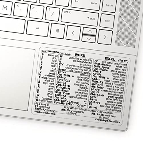 SYNERLOGIC Word/Excel (for PC) Keyboard Shortcuts Sticker | No-Residue Laminated Vinyl Cheatsheet Windows Keyboard Sticker 86 x 64mm (Clear/Black, Small)