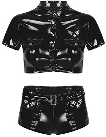 Active 2 Stück Damen Ultra Kurz Uniform Lack Leder Anzug Cosplay Kostüm Outfit Top, Schwarz , XL