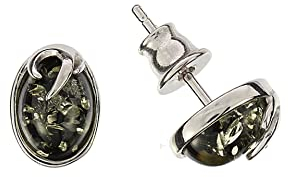 Bernstein Ohrringe, kleine ovale grüne Ohrstecker aus Bernstein und 925/000 Sterling Silberrhodiniert von Artisana-Schmuck