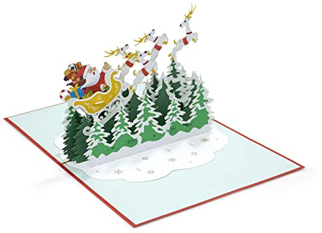 Santa Claus Sleigh and Reindeer 3D Pop Up card.A Delightful holiday surprise greeting card gift for kids, friends, family and loved ones. For Christmas decor and parties.15cmx20cm