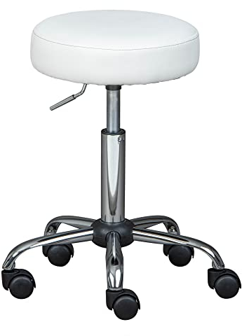 Inter Link – Drehhocker auf Rollen – Höhenverstellbar 50 – 66 cm– Rollhocker – Arbeitshocker – Sitzhocker – Aus Metall und Kunstleder – ASRA – Weiß