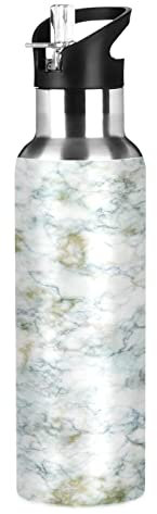 Illustration Artistique De Rayures Marbrées Blanches Isotherme Bouteille d'eau avec Paille, Gourde Sport en Acier Inoxydable 600ML Gourdes sans BPA pour Enfant Garçon Fille École Bureau