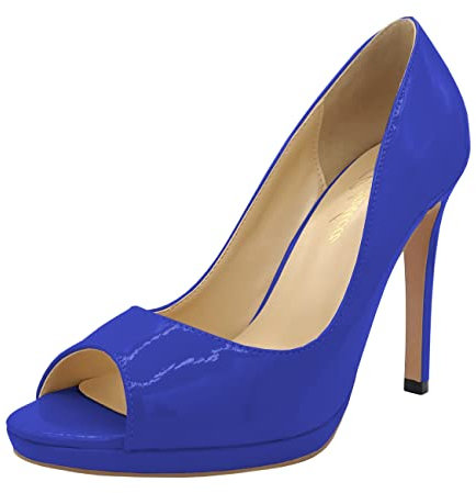 Lutalica W Sandali estivi da donna eleganti in pelle verniciata con plateau tacco medio Peep Toe slip on sexy Open Toe tacco alto tacco alto, Blu, 38 EU