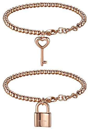 Flongo 2PCS Couple Bracelet Lock with Key Bracelet Stainless Steel BFF Chains Friendship Bracelet for 2 Couples Bracelets Bangle for Men Women Gift