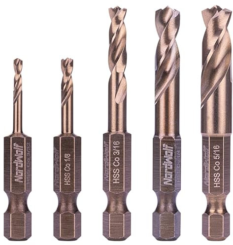 NordWolf 5-Piece M35 Cobalt Stubby Drill Bit Set for Stainless Steel & Hard Metals, with 1/4 Hex Shank for Quick Chucks & Impact Drivers, SAE Sizes 3/32-1/8-3/16-1/4-5/16 in Storage Case