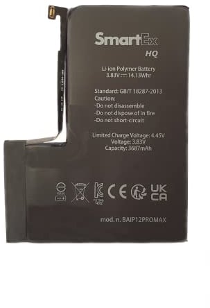 Smartex® Batterie Compatible avec iPhone 12 Pro Max | Capacité 3687 mAh | Batterie de Remplacement sans Cycles de Recharge | Garantie de 24 Mois