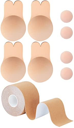 Memoryee Damen Klebe BH Boob Tape, Push Up Adhesive Silikon Invisible Rabbit Bra mit 4 Wiederverwendbare Silikon Unsichtbar Brüste Nippelpads, Body Tape für A-G Körbchen Große Brust/Beige-2pair/L