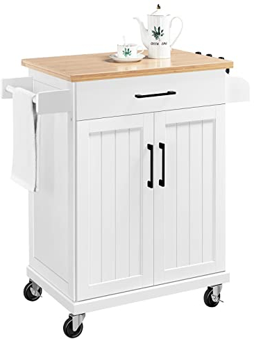 Yaheetech Desserte Cuisine à roulettes avec 1 Tiroir/Armoire avec Etagère Réglable/Porte Serviette/Meuble Cuisine 60 × 40 × 88,5 cm Blanc