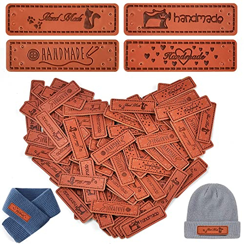 ANTHYTA 100 Stück PU Handmade label 5x1.5cm Labels Zum Annähen Tags Handgemacht Etiketten Nähen Leder Etiketten mit Löchern Lederetiketten Zum Annähen Personalisiert für DIY Handmade Näharbeit Deko