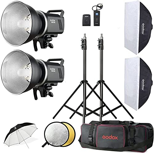 Godox Studio Stroboskop Blitzlicht Kit für Fotografie, 600W Studio Flash Set mit Browns Mount, 2.4G X System Blitzauslöser, Softbox, Stativständer, Reflektor-Aufbewahrungstasche, Regenschirm