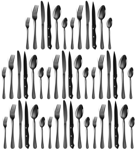Cuberterias Completas 8 Personas, 48 Piezas Cubiertos Acero Inoxidable Grado De Comida Cuberteria Juego De Cubiertos Set Cubertería Completas, Acabado De Espejo, Aptas Para El Lavavajillas (Negro)