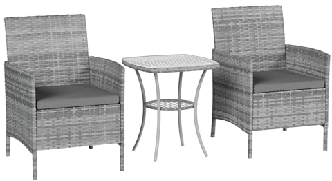 Amopatio Ensemble de meubles de jardin en rotin 3 pièces - Petit salon de jardin extérieur résistant aux intempéries - Table de bistrot avec 2 chaises - Meubles de terrasse pour terrasse, balcon, Gris