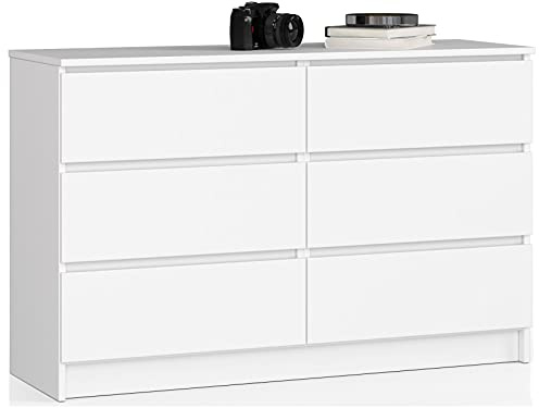 AKORD Kommode K-120 mit 6 (2 x 3) Schubladen | für das Wohnzimmer Schlafzimmer Schrank Büro Arbeitszimmer | Modernes Funktionales Design | B120 x H77 x T40 cm, Gewicht 43kg | Weiß