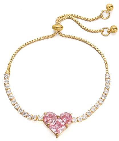 Emibele Bracciale a Cuore Cristallo, Bracciale con Zirconi Scintillanti, Bracciale d'oro con Cursore Regolabile, Cuore Rosa per Donne, Ragazze, Adolescenti