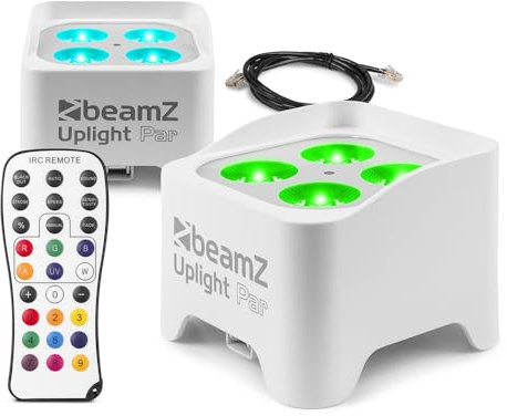 beamz BBP90W Wireless Battery Operated LED Par Uplighters Pair - 4x 4W RGB-UV LEDs, DMX Control & Remote for Event Lighting, Stage & Wall Washer Lights (White)