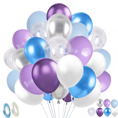 Frozen Luftballons, 60 Stück Blau Lila Luftballons Schneeflocken Konfetti Ballons Metallic Luftballons Blau Lila Silber für Mädchen Geburtstag Babyparty Wonderland Party Deko