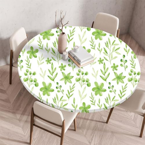 Highdi 3D Mantel Redondo con Bordes Elástica, Manteles Impermeables Antimanchas Lavable para Decoración Hogar Comedor Cumpleaños Jardín (110cm,Flores Verdes)