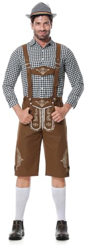 Beokeuioe Oktoberfest Men's Outfit Complete Set 1 Piece Shirt + 1 Piece Dungarees Traditional Beer Festival Clothing German Stage Costume Suit Checked Shirt Embroidered, A2 Grey, L