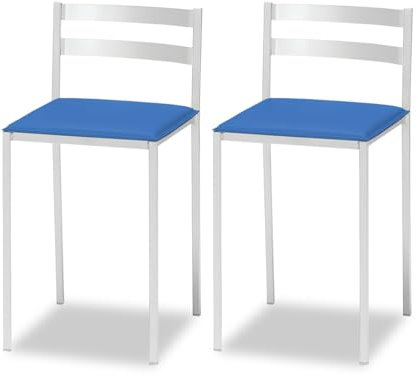 2 Taburetes de Cocina con Respaldo bajo, Franjas horizontales y Asiento tapizado - Estructura Color Blanco - Asiento en Polipiel Azul