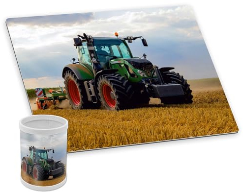 itenga Schreibtischunterlage DELUXE mit Stifteköcher abwischbar rutschfest glatt Kunststoff (Motiv Traktor auf Feld)