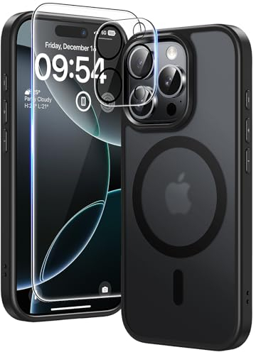 TAURI für iPhone 16 Pro Hülle 6,3 mit Panzer Schutz Glas Folie, Kompatibel mit MagSafe, Schutz nach Militärstandard, [Anti-Vergilbung] Stoßfest Magnetisch Handyhülle - Matt Schwarz
