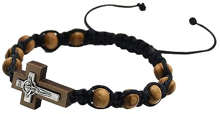 Kodbww Rosario cattolico Bracciali per donne uomini 8mm perline di legno braccialetti intrecciati braccialetto regolabile gioielli battesimo regalo legno