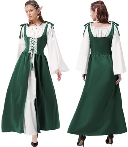 Joellfuner Vestido Medieval Para Mujer, Vestido Renacentista, Disfraz Irlandés con Sobrevestido, Medieval Mujer Vintage con Cabeza, Collar de Flores, Orejas de Elfo, Cosplay de Halloween (verde, XXL)