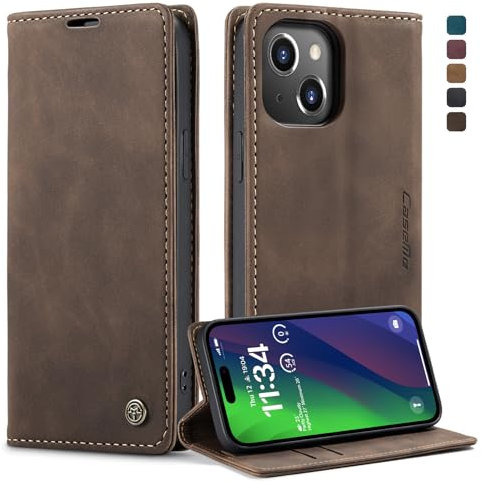 owlhold Handyhülle für iPhone 15 Hülle, Premium Lederhülle Weiches Vintage-Nubukleder Faltbare Ständer Klapphülle Kartenfach Standfunktion stoßfest Schutzhülle für iPhone 15 -Kaffee
