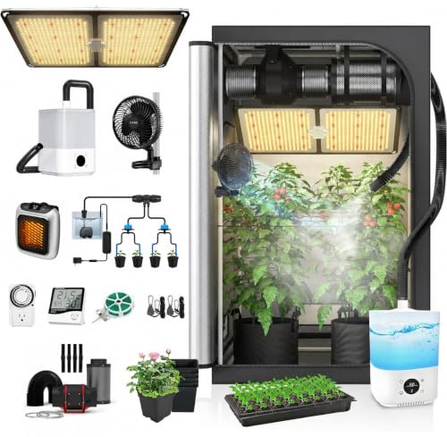Grow Tent Grow Boxes Komplettset,LED Vollspektrum Pflanzenlampe+Grow Tent+Inline-Lüfter Kohlekohlefilter Belüftungs+Oszillierend Ventilator+Humidifier (120X120X200CM GrowTent Komplettset)