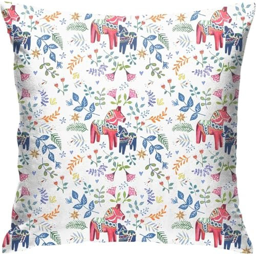 Dekokissen 45X45cm Schwedische Dalapferde Mit Blumenmotiv Kissen-Bezug Home Deko Throw Kissenbezüge Square Zierkissen Für Frühling, Bed, Zuhause