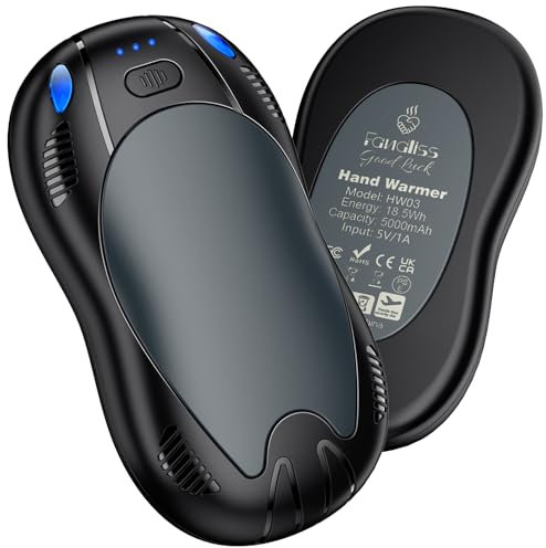 FANDLISS Chauffe Main Électrique mit 10000mAh, Chauffage Double Face Magnétique 2PCS, USB Rechargeable Chauffe-Main, 3 Niveaux de Température, Cadeaux d'hiver pour Plein Air/Camping/Noël (Noir Gris)