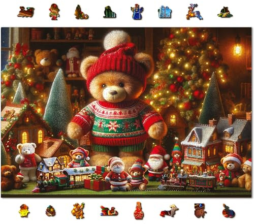 WOODEN.CITY 1000-teiliges Weihnachtspuzzle aus Holz – Weihnachts-Teddybär – mit 100 einzigartigen Figuren zum Thema Feiertage – Hergestellt in der EU – perfekt für Familienspaß und Dekoration von