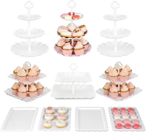 Pack of 10 NWK Cake Stand, Cupcake Stand, with 3 x Two-Tier Cupcake Stands, 3 x Three-Tier Cupcake Stands, 4 x Appetizer Trays, for Birthday Baby Bridal Shower Party (White)