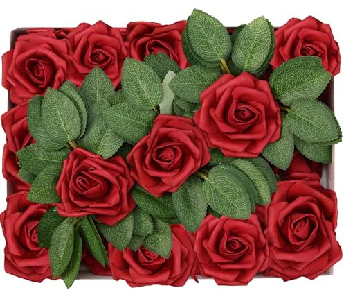 Petalscentusia Artificial Roses 25 pcs Fake Roses with Stems and 20 Leaves Foam Latex for Wedding Bouquets, Valentine's Day, Home Décor, and Party Decorations (Dark Red Roses)