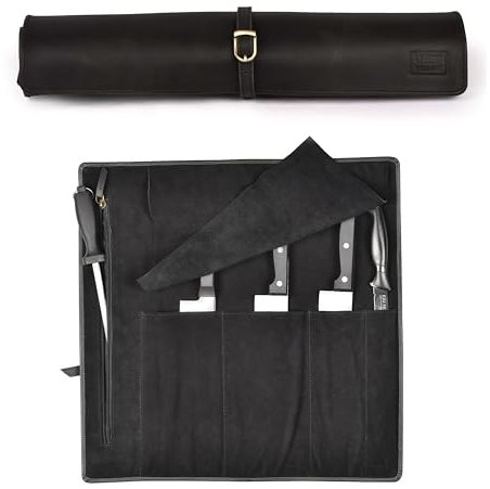 LEATHER VILLAGE Leather Knife Roll, Chef's Cutlery Storage Case & Holder, Travel-Friendly Organizer Bag for Knives & Tools - 17x3.25x3.25, Black