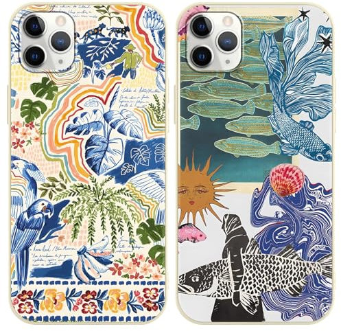 Phoona 2 Packs Art Collage Pattern Phone Case for iPhone 11 Pro Max 6,5, Cute Aesthetic Design Print Funda with TPU Slim Liquid Silicone Protection Shockproof Soft Cover for Women Girls