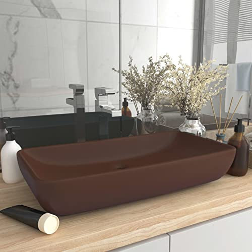 Lavabo de lujo, Xichuzi Lavabo Sobre Encimera, Lavamanos Para Baños, Lavabo Baño, Mueble Lavabo, Muebles De Baño, cerámica rectangular marrón oscuro mate 71x38 cm
