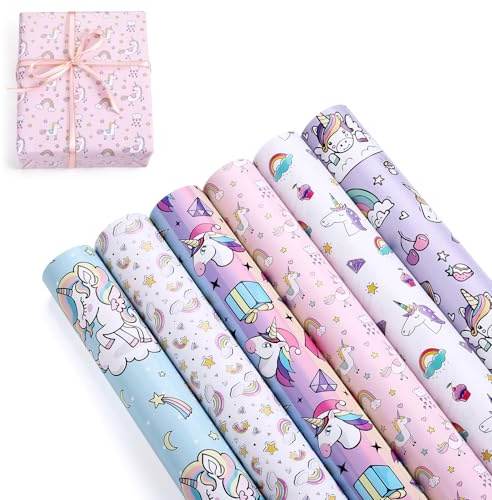 6 Rollen Geschenkpapier mit Bunt Einhorn Set für Kinder Baby Mädchen, Cool DIY Verschiedene Designs Unicorn Happy Birthday Packungen Geschenkverpackung Papier für Geschenke Geburtstag Taufe 50X70cm