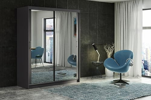 Modern Sliding Double Door Wardrobe with Full Size Mirror, 2/3 Doors, up to 8 Drawers and 4 Hanging Rails Colours: WHITE/BLACK/OAK/GREY Width: 100cm/120cm/150cm/180cm/200cm (Grey, 180cm 4 Drawers)