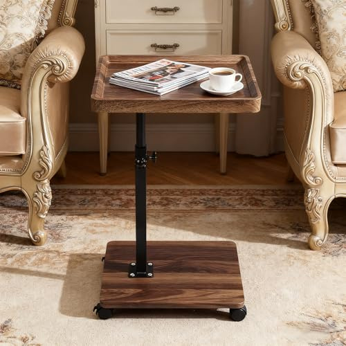 XUDREZ C Shaped Side Table with Wheels, Height Adjustable Sofa Side Table | 3cm Thick Sturdy Top, 45-80cm Height Adjustable, 360° Swivel Lock, Rolling Wheels, Tray Edge, Sofa Bedside Use, Walnut Color